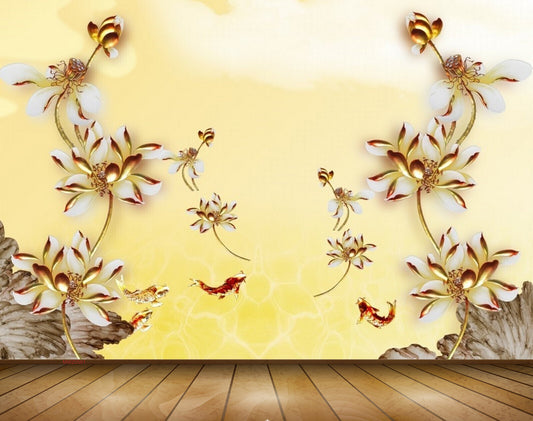 Avikalp MWZ0561 White Golden Flowers Fishes 3D HD Wallpaper