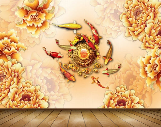 Avikalp MWZ0562 Orange Flowers Fishes 3D HD Wallpaper