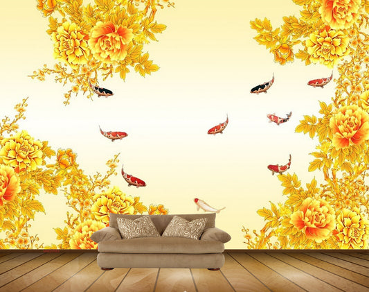 Avikalp MWZ0563 Orange Flowers Fishes HD Wallpaper