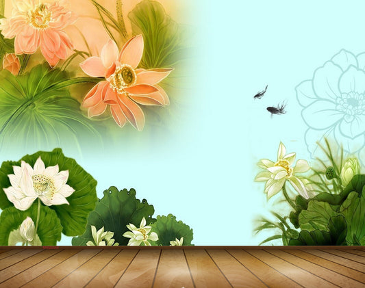 Avikalp MWZ0564 White Pink Flowers Fishes Leaves 3D HD Wallpaper