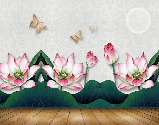 Avikalp MWZ0565 Pink White Flowers Butterflies Moon 3D HD Wallpaper