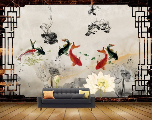 Avikalp MWZ0567 White Grey Flowers Fishes HD Wallpaper