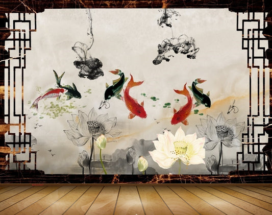 Avikalp MWZ0567 White Grey Flowers Fishes 3D HD Wallpaper