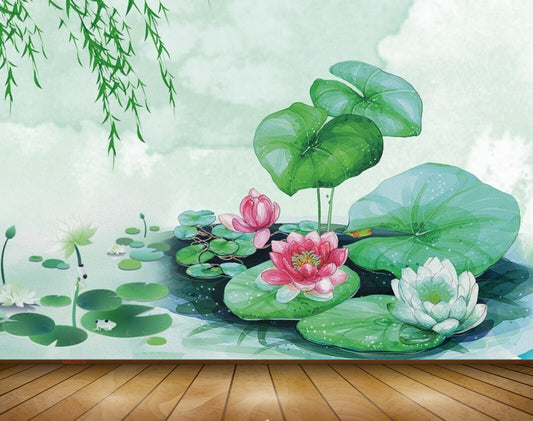 Avikalp MWZ0570 Pink White Lotus Flowers Leaves Creepers 3D HD Wallpaper