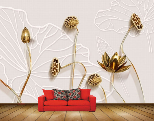 Avikalp MWZ0571 White Golden Flowers HD Wallpaper