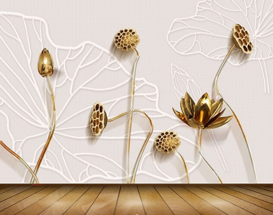 Avikalp MWZ0571 White Golden Flowers 3D HD Wallpaper