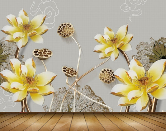 Avikalp MWZ0572 White Yellow Flowers Leaves 3D HD Wallpaper