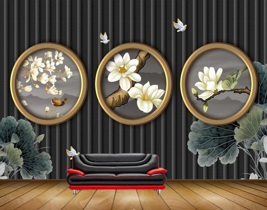 Avikalp MWZ0573 White Flowers Leaves Birds HD Wallpaper