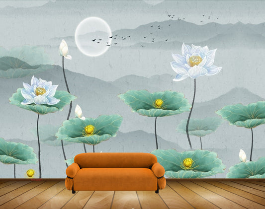 Avikalp MWZ0574 White Lotus Flowers Leaves Mooon Birds HD Wallpaper