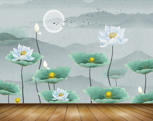 Avikalp MWZ0574 White Lotus Flowers Leaves Mooon Birds 3D HD Wallpaper