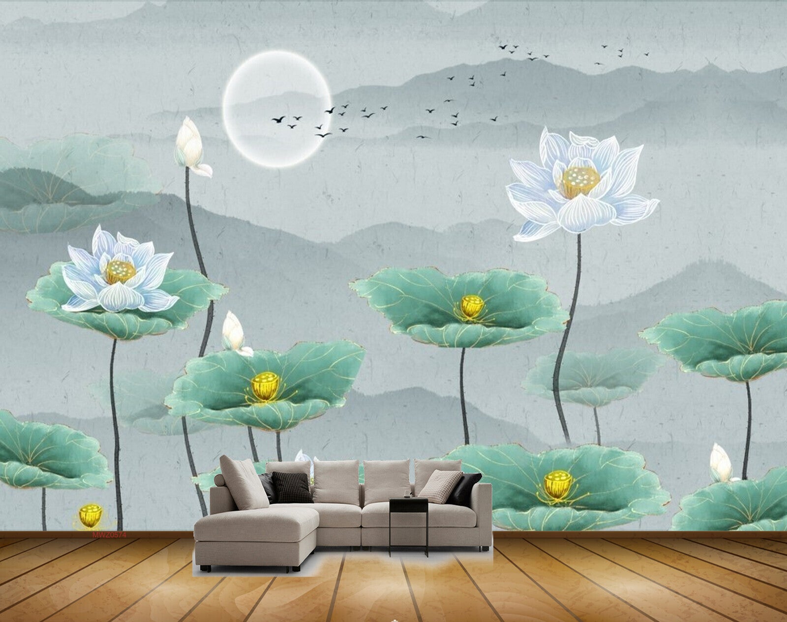 Avikalp MWZ0574 White Lotus Flowers Leaves Mooon Birds 3D HD Wallpaper Avikalp MWZ0574 White Lotus Flowers Leaves Mooon Birds 3D HD Wallpaper