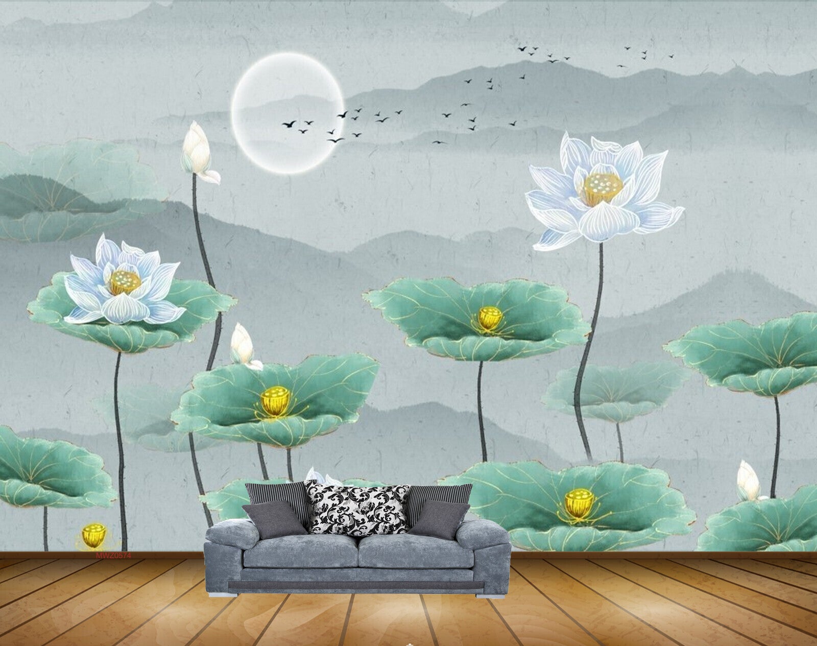 Avikalp MWZ0574 White Lotus Flowers Leaves Mooon Birds 3D HD Wallpaper Avikalp MWZ0574 White Lotus Flowers Leaves Mooon Birds 3D HD Wallpaper