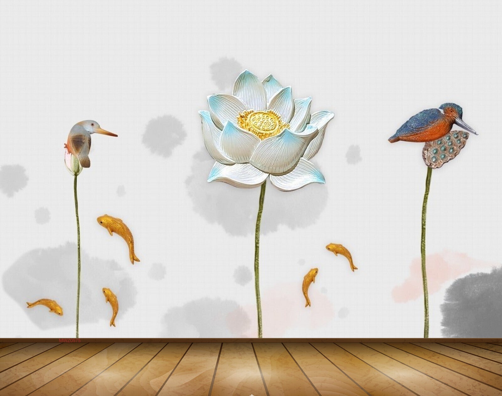 Avikalp MWZ0575 White Flower Birds Fishes 3D HD Wallpaper Avikalp MWZ0575 White Flower Birds Fishes 3D HD Wallpaper