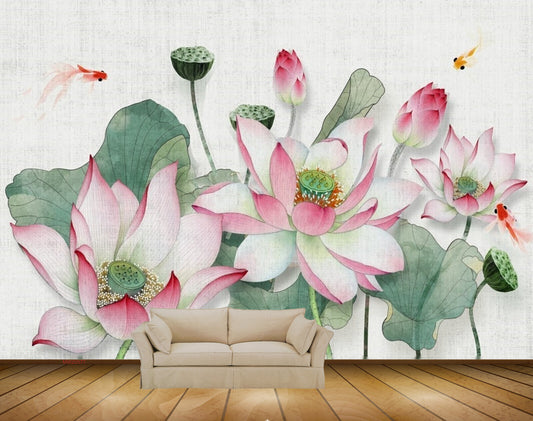 Avikalp MWZ0577 Pink Flowers Fishes Leaves HD Wallpaper