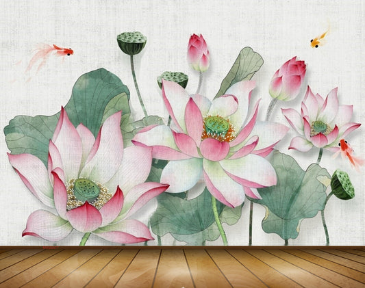 Avikalp MWZ0577 Pink Flowers Fishes Leaves 3D HD Wallpaper