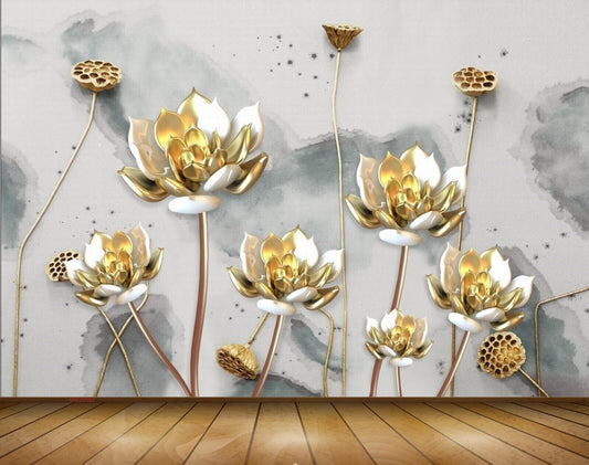 Avikalp MWZ0582 White Golden Flowers 3D HD Wallpaper