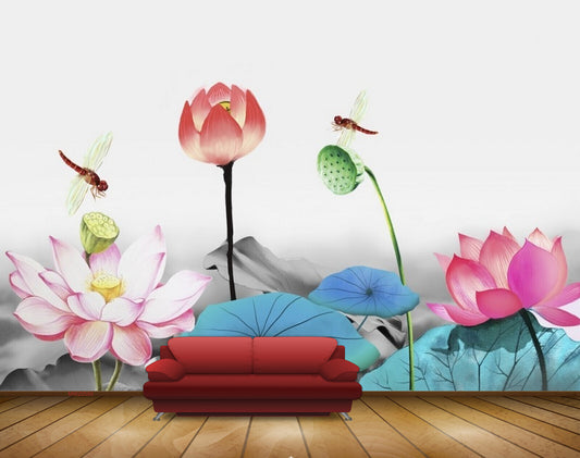 Avikalp MWZ0585 Pink Red Flowers Flies Leaves HD Wallpaper