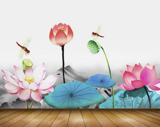 Avikalp MWZ0585 Pink Red Flowers Flies Leaves 3D HD Wallpaper