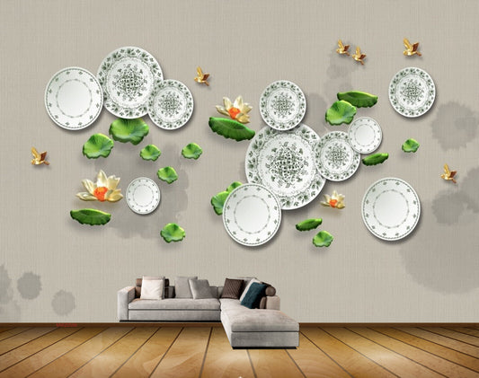 Avikalp MWZ0586 Plates Golden Flowers Butterflies Leaves HD Wallpaper