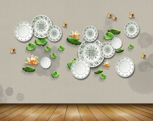 Avikalp MWZ0586 Plates Golden Flowers Butterflies Leaves 3D HD Wallpaper
