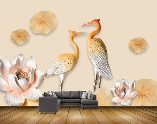 Avikalp MWZ0587 Crane Pink Flowers Leaves HD Wallpaper