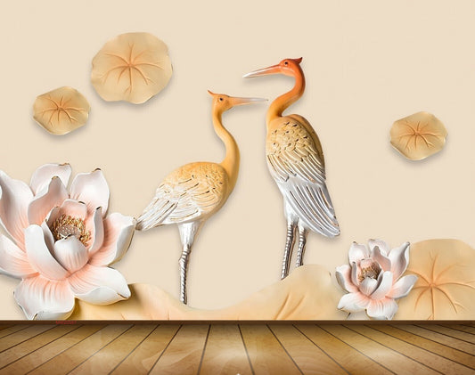 Avikalp MWZ0587 Crane Pink Flowers Leaves 3D HD Wallpaper