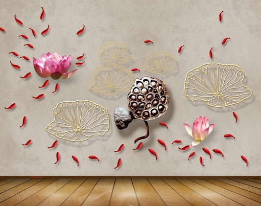 Avikalp MWZ0592 Fishes Pink Flowers Stones 3D HD Wallpaper