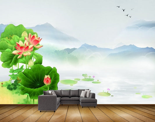 Avikalp MWZ0593 River Birds Pink Red Flowers HD Wallpaper