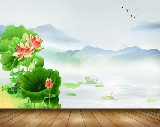 Avikalp MWZ0593 River Birds Pink Red Flowers 3D HD Wallpaper