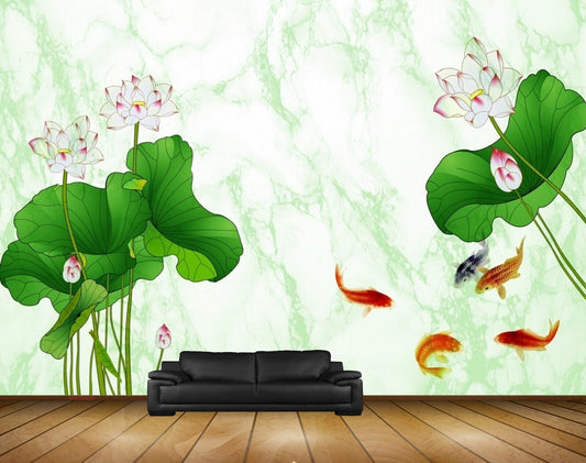 Avikalp MWZ0595 White Pink Flowers Fishes Leaves HD Wallpaper