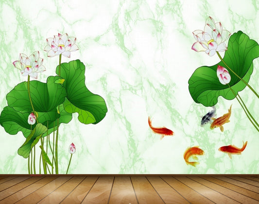 Avikalp MWZ0595 White Pink Flowers Fishes Leaves 3D HD Wallpaper