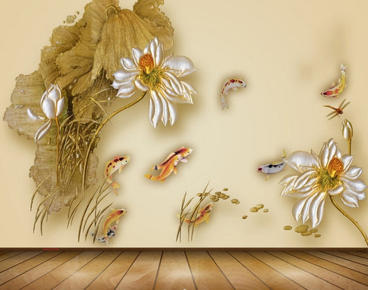 Avikalp MWZ0596 Fishes Golden Leaves Flowers 3D HD Wallpaper