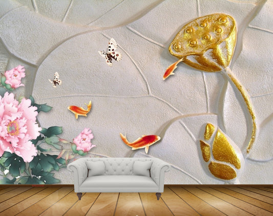 Avikalp MWZ0598 Golden Pink Flower Leaves Fishes Butterflies HD Wallpaper