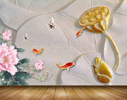 Avikalp MWZ0598 Golden Pink Flower Leaves Fishes Butterflies 3D HD Wallpaper