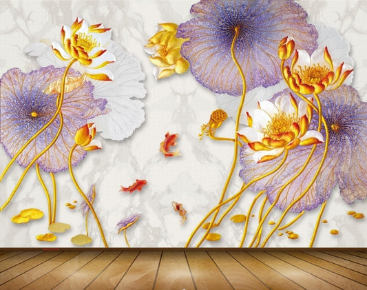 Avikalp MWZ0599 Golden Flower Purple Leaves Fishes 3D HD Wallpaper
