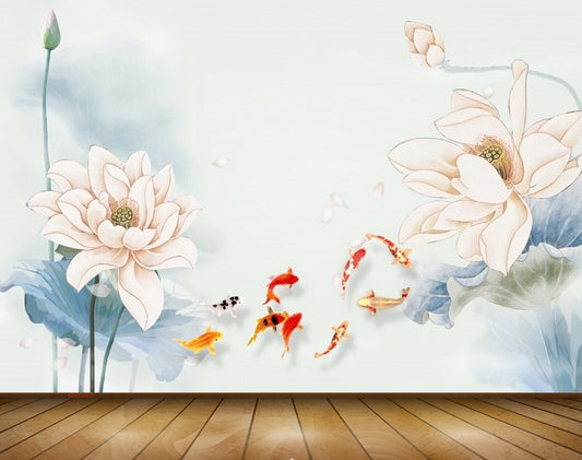Avikalp MWZ0602 White Flowers Fishes Leaves 3D HD Wallpaper