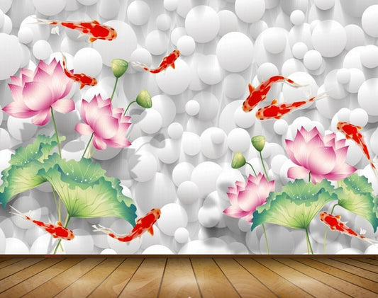 Avikalp MWZ0603 Fishes Pink Flowers Leaves 3D HD Wallpaper