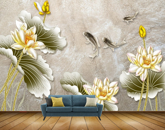Avikalp MWZ0605 Golden Flowers Fishes Leaves HD Wallpaper