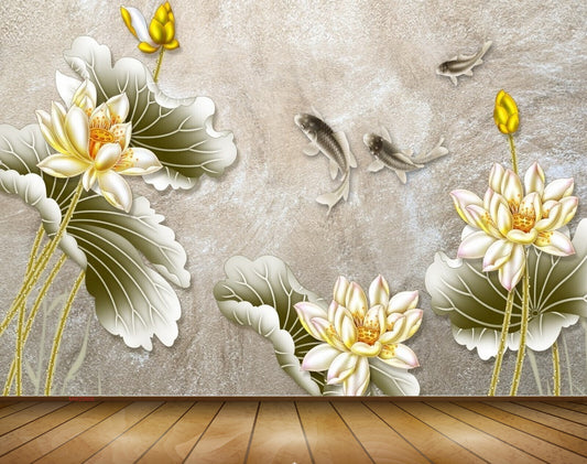 Avikalp MWZ0605 Golden Flowers Fishes Leaves 3D HD Wallpaper
