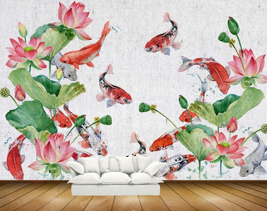 Avikalp MWZ0606 Fishes Red Pink Flowers Leaves HD Wallpaper