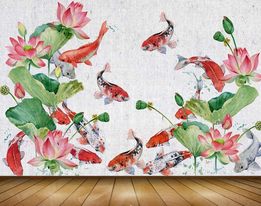 Avikalp MWZ0606 Fishes Red Pink Flowers Leaves 3D HD Wallpaper