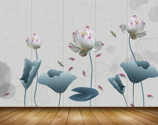 Avikalp MWZ0608 Pink White Fishes Flies Leaves 3D HD Wallpaper