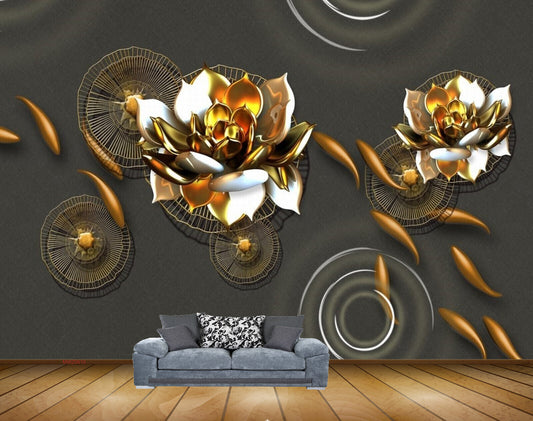 Avikalp MWZ0610 Golden Flowers Fishes HD Wallpaper