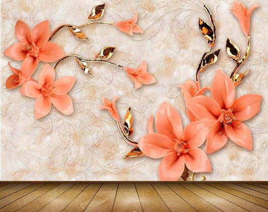 Avikalp MWZ0617 Peach Flowers Golden Leaves 3D HD Wallpaper
