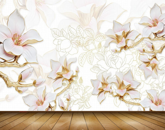 Avikalp MWZ0618 White Pink Flowers Leaves 3D HD Wallpaper