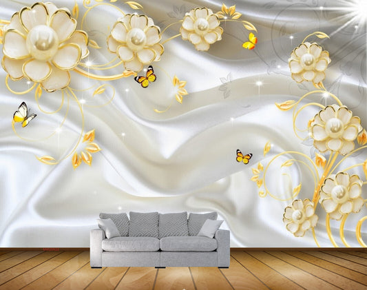 Avikalp MWZ0622 Golden Flowers Butterflies Leaves HD Wallpaper