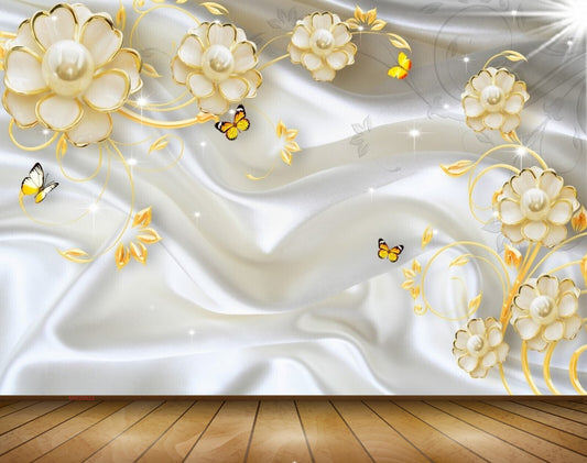 Avikalp MWZ0622 Golden Flowers Butterflies Leaves 3D HD Wallpaper
