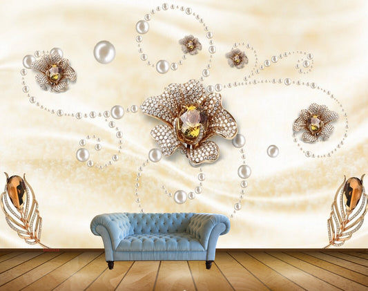 Avikalp MWZ0628 White Golden Flowers Leaves HD Wallpaper