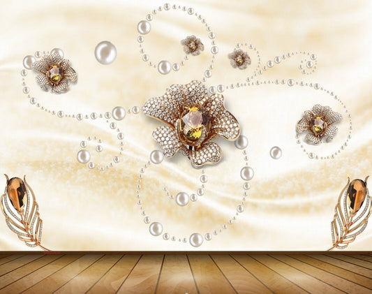 Avikalp MWZ0628 White Golden Flowers Leaves 3D HD Wallpaper