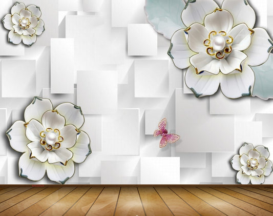 Avikalp MWZ0629 White Flowers Pink Butterfly 3D HD Wallpaper